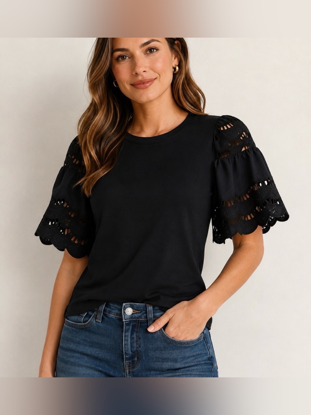 ON 34th Black Eyelet Puff-Sleeve Knit Top Black 2X NWT IN PACKAGE